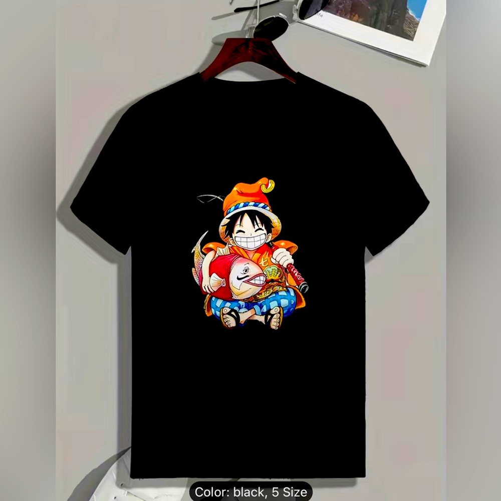 Anime Boy With Fish Print, Men's Graphic Design Crew Neck Novel T-shirt, Casual